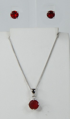 Sterling Silver/Ruby Round Stud Earring and Pendant Set